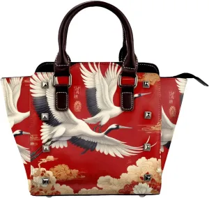 Chinese-Golden-Cranes-Peonies Pu Leather Crossbody Studded Bag, Fashionable Shoulder Handbag With Detachable Shoulder Strap