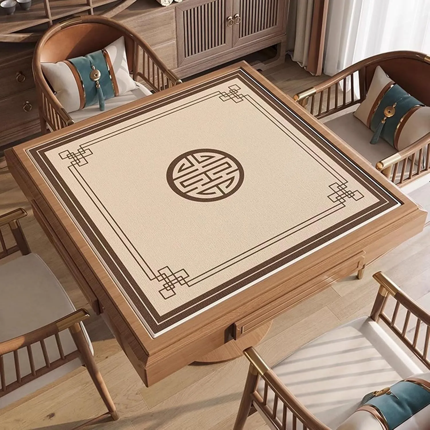 Chinese Square Mahjong Mat, Anti Slip Noise Reduction Table Cover with Carrying Bag, Thick Tablecloth for Family Party Poker Card Board Tile Games(Beige 1,60 cm/23.62 in)