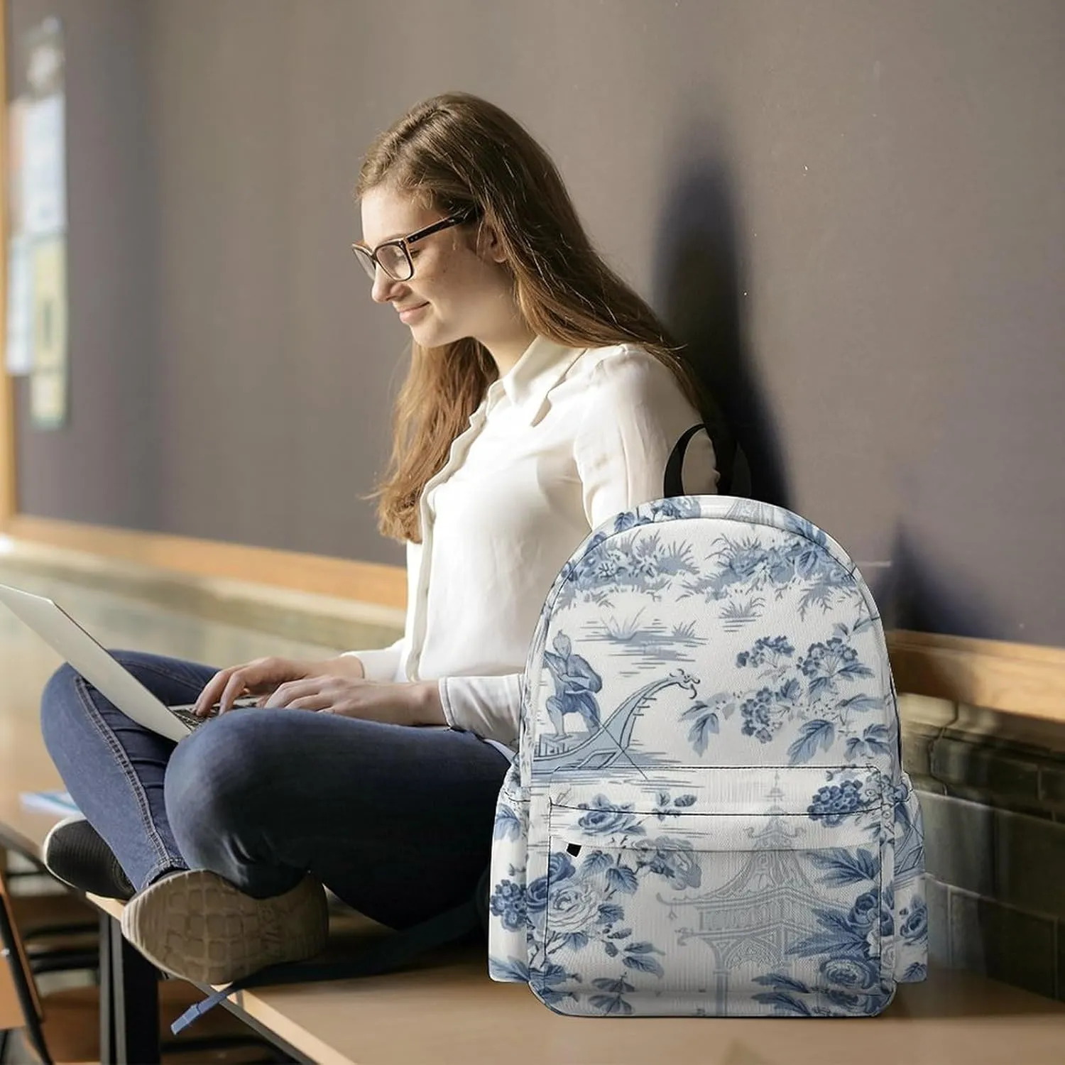 Chinese Style Powder Blue Chinoiserie Casual Lightweight Large Capacity Travel Backpack Unisex