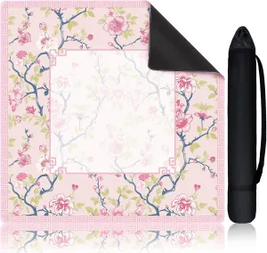 Chinoiserie Mahjong Mat with 1 Carrying Bag 31.5" x 31.5" Pink and White Rubber Anti Slip and Noise Reduction Multi Purpose Game Table Cover for Mahjong, Card, Board Tile Games