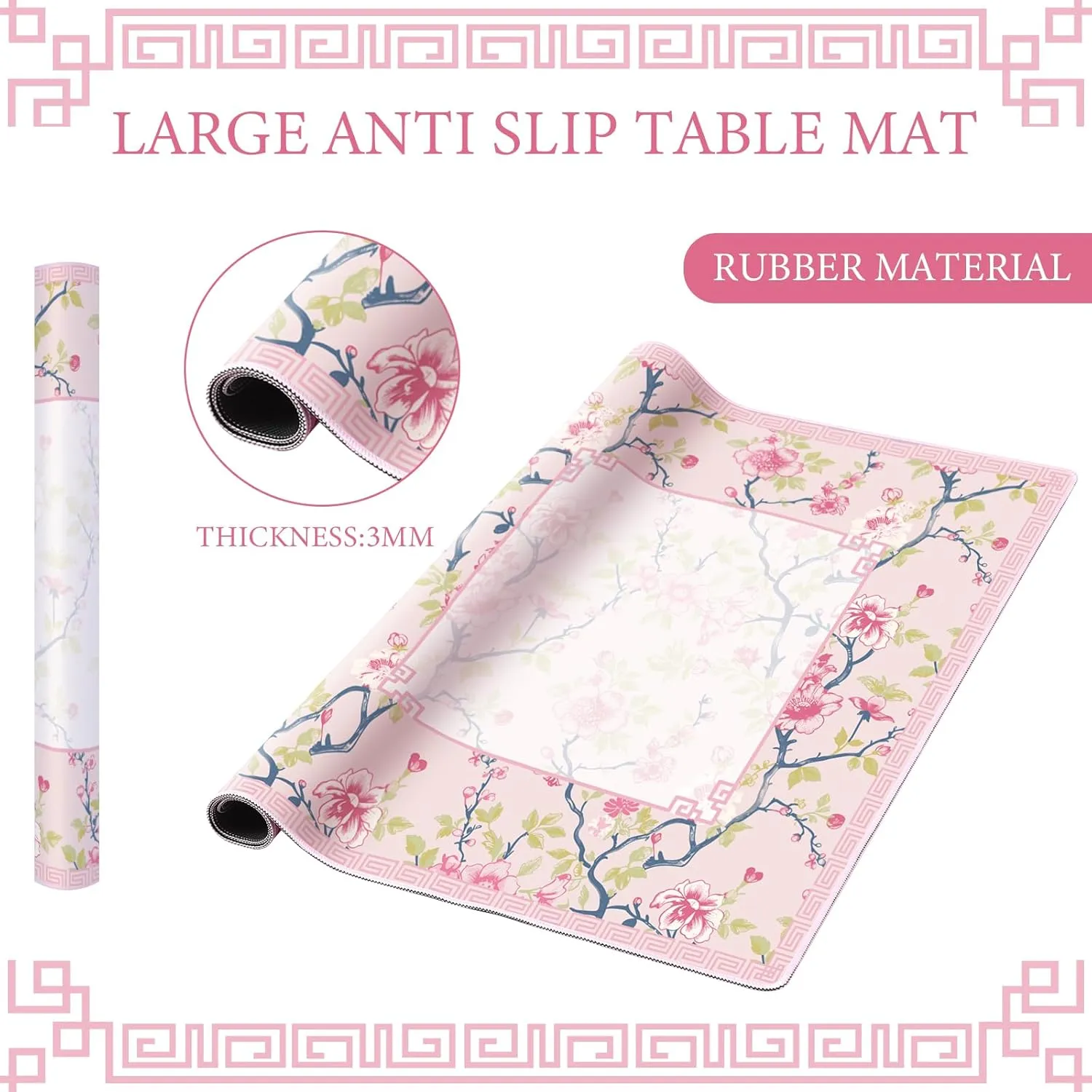 Chinoiserie Mahjong Mat with 1 Carrying Bag 31.5" x 31.5" Pink and White Rubber Anti Slip and Noise Reduction Multi Purpose Game Table Cover for Mahjong, Card, Board Tile Games