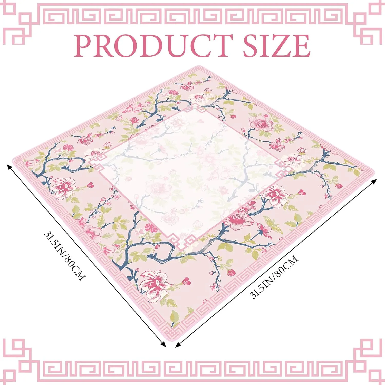 Chinoiserie Mahjong Mat with 1 Carrying Bag 31.5" x 31.5" Pink and White Rubber Anti Slip and Noise Reduction Multi Purpose Game Table Cover for Mahjong, Card, Board Tile Games