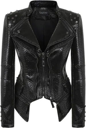 chouyatou Women's Fashion Snake Pattern Print Studded Moto Pu Leather Biker Jacket