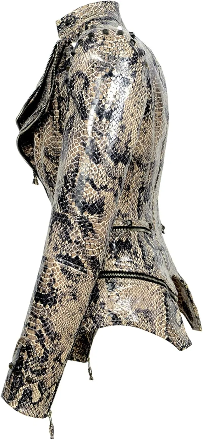 chouyatou Women's Fashion Snake Pattern Print Studded Moto Pu Leather Biker Jacket