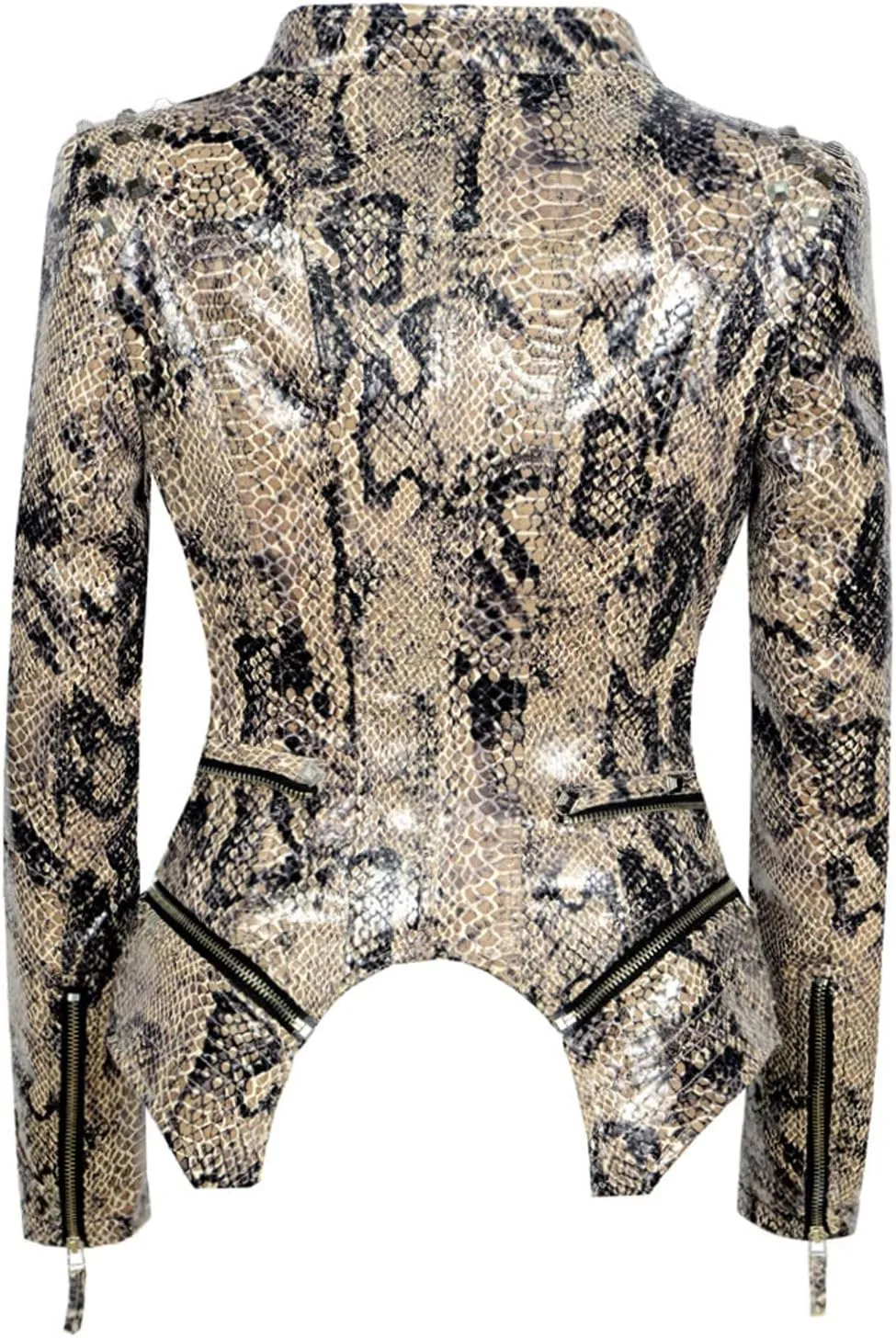 chouyatou Women's Fashion Snake Pattern Print Studded Moto Pu Leather Biker Jacket