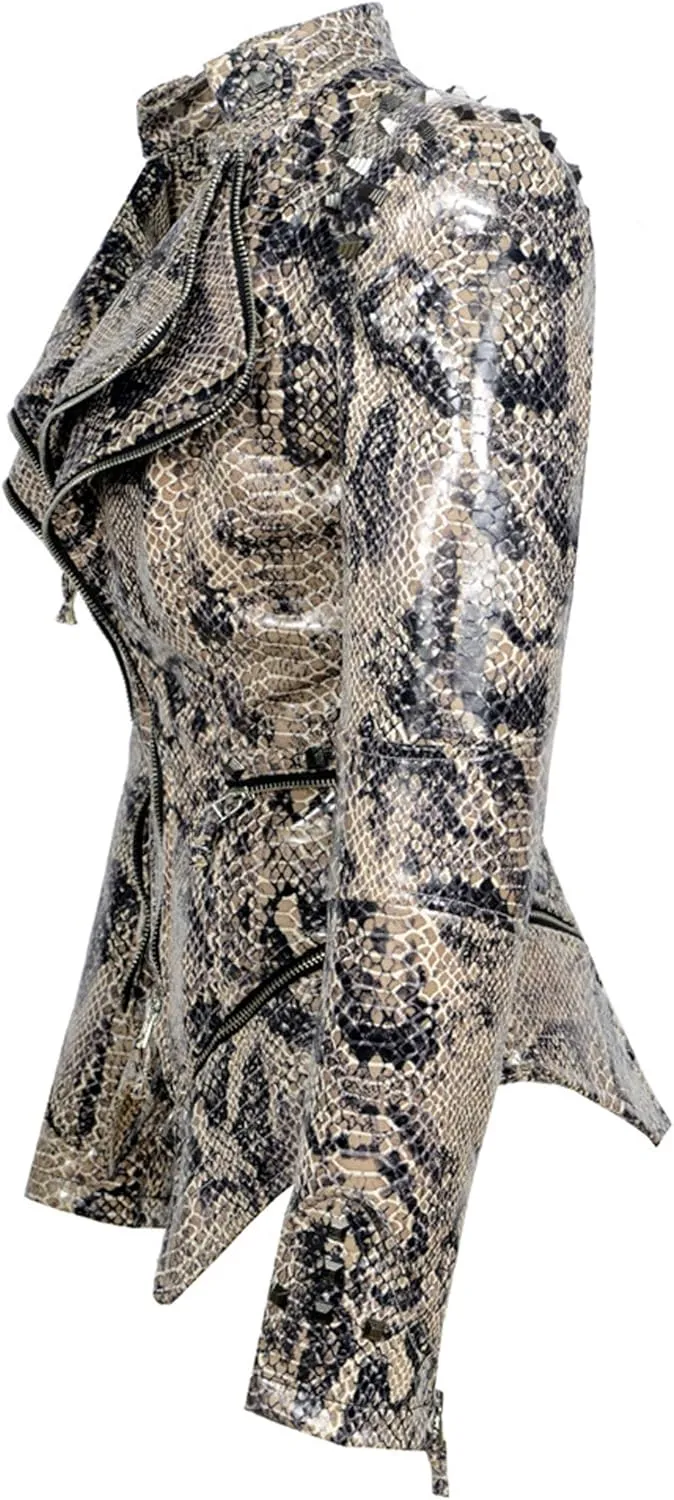 chouyatou Women's Fashion Snake Pattern Print Studded Moto Pu Leather Biker Jacket