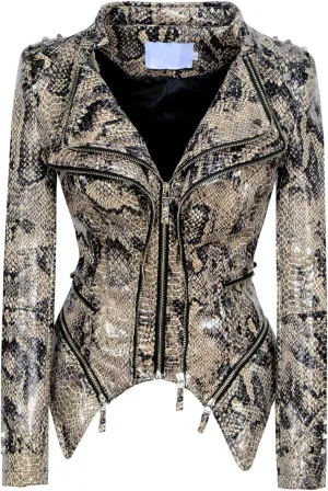 chouyatou Women's Fashion Snake Pattern Print Studded Moto Pu Leather Biker Jacket