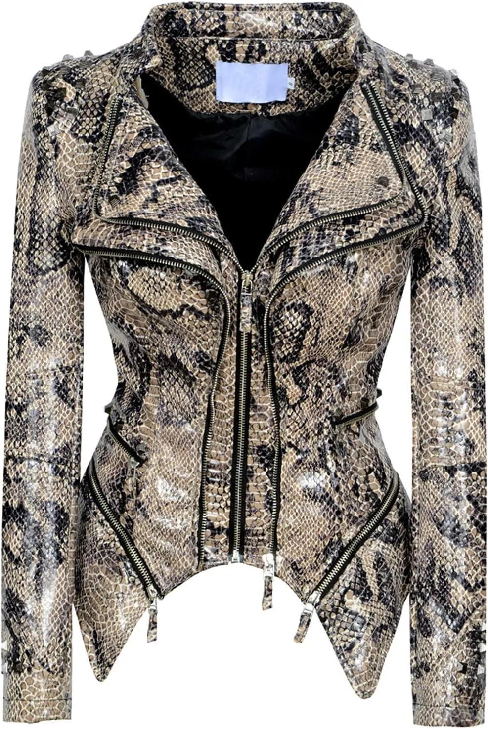 chouyatou Women's Fashion Snake Pattern Print Studded Moto Pu Leather Biker Jacket
