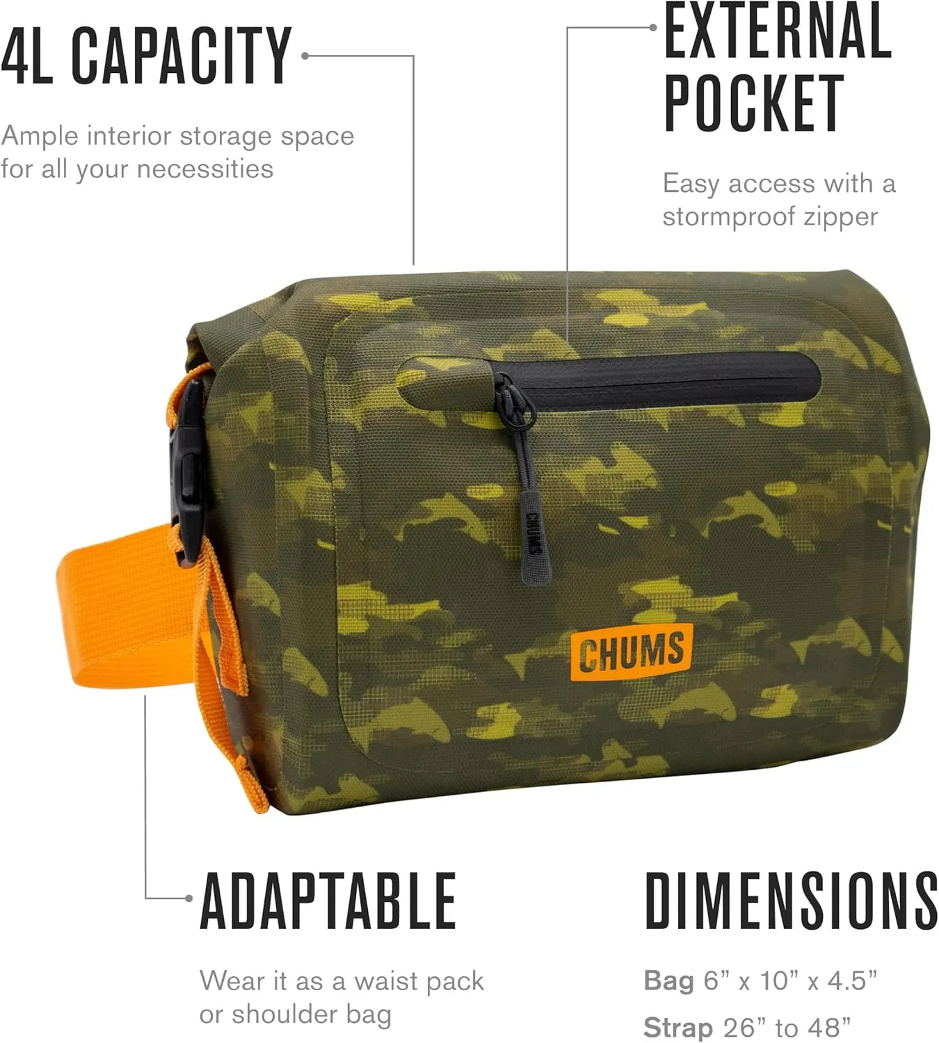 Chums Storm Downstream 4L LTD Hip Pack – Adjustable Fanny Pack For Men and Women (Fish Camo Green)