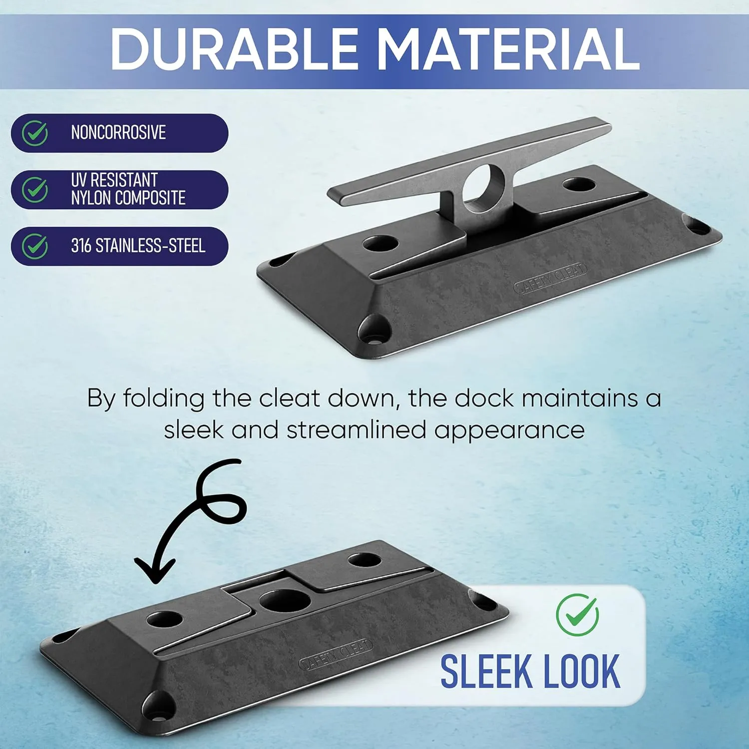 CIPA Black Nylon Boat Cleat - Folding Boat Cleat - Includes Dock Hardware For Mounting To The Boat Dock. The Cleat Allows For A Flush Mount Dock with a 9 inch cleat.