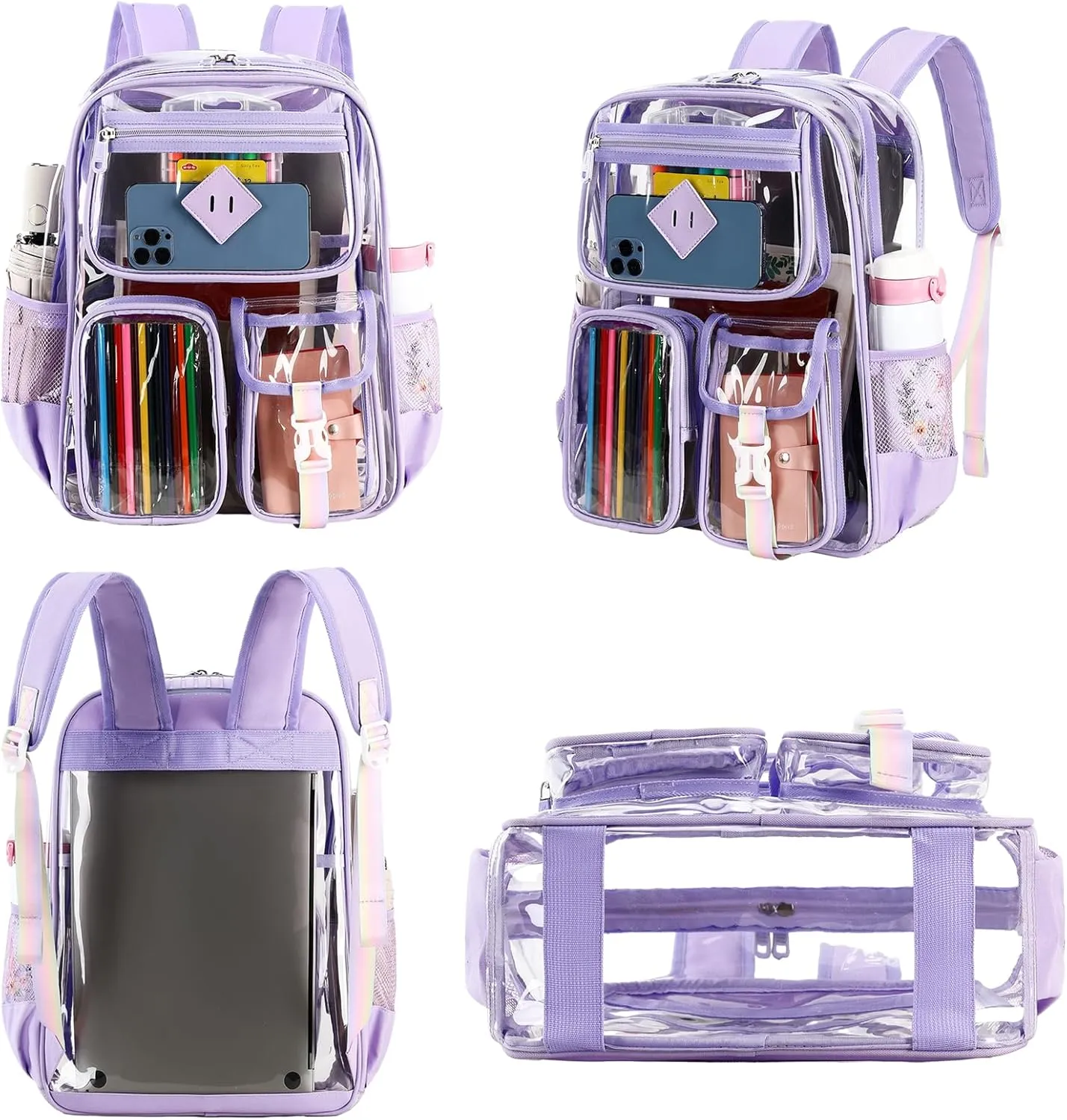 Clear Backpack for School Heavy Duty PVC Transparent Bag See Through Bookbag for Stadium Approved Women Girls (Cute, Purple)