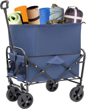 Collapsible Foldable Beach Wagon Cart Heavy Duty Utility Cart 225lbs Capacity Dark Blue All-Terrain Wheels - Camping, Shopping, Sports (Blue)