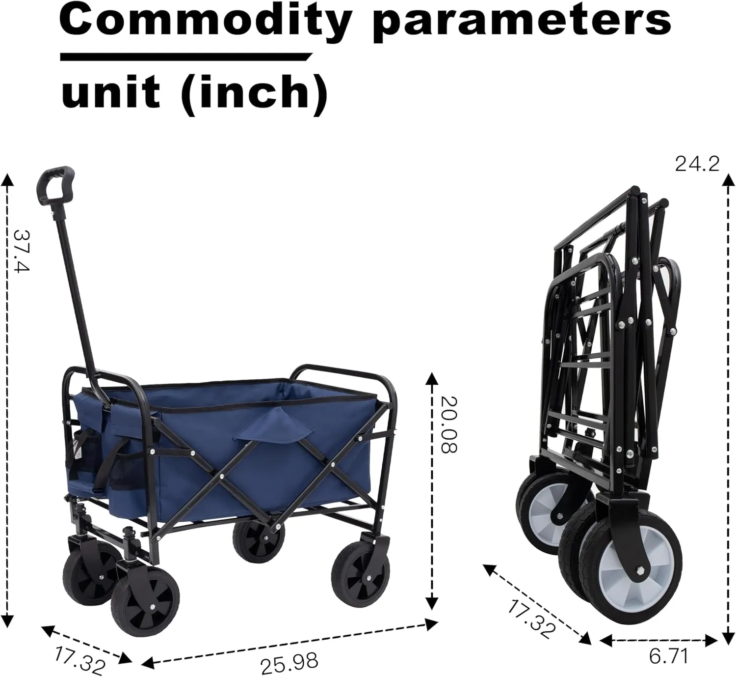 Collapsible Foldable Beach Wagon Cart Heavy Duty Utility Cart 225lbs Capacity Dark Blue All-Terrain Wheels - Camping, Shopping, Sports (Blue)