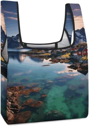 Collapsible Shopping Bag, Norway Islands Print Lightweight Shopping Bag Foldable Tote Bag Spacious Shopping Bag Reusable Grocery Bag