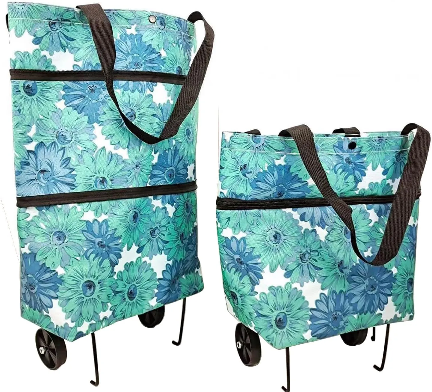 Collapsible Shopping Grocery Bag with Wheels Rolling Tote Bag with Wheels Large Reusable Foldable Shopping Cart(Blue-Flower,Large)