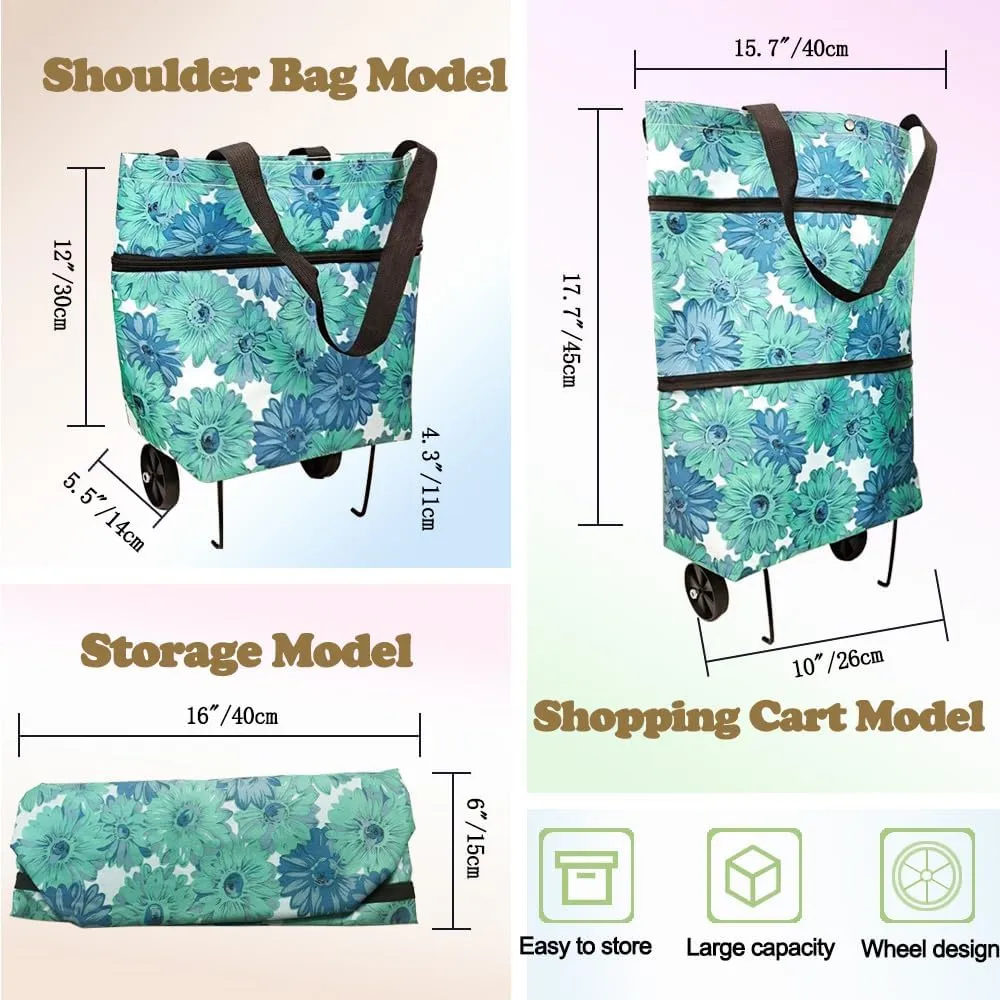 Collapsible Shopping Grocery Bag with Wheels Rolling Tote Bag with Wheels Large Reusable Foldable Shopping Cart(Blue-Flower,Large)