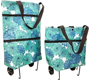 Collapsible Shopping Grocery Bag with Wheels Rolling Tote Bag with Wheels Large Reusable Foldable Shopping Cart(Blue-Flower,Large)