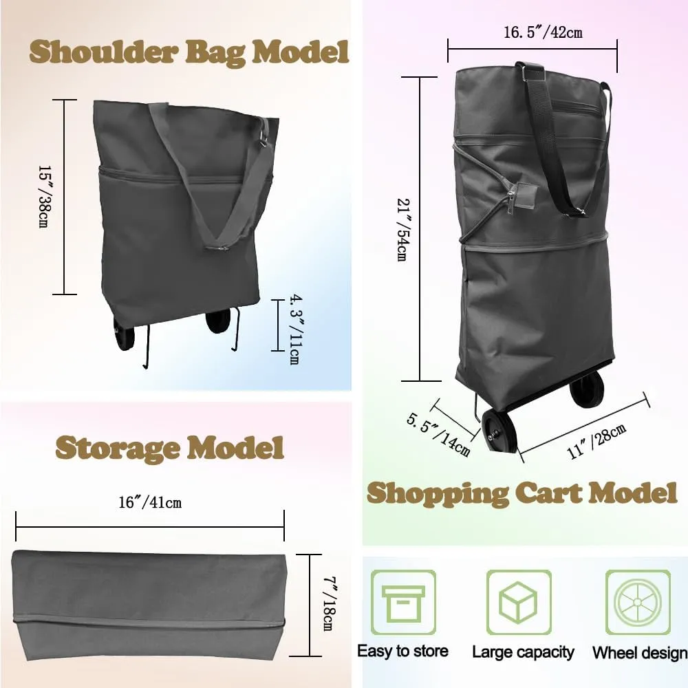 Collapsible Shopping Grocery Bag With Wheels Rolling Tote Bag With Wheels Large Reusable Shopping Bags Foldable Shopping Cart(Black,X-Large)