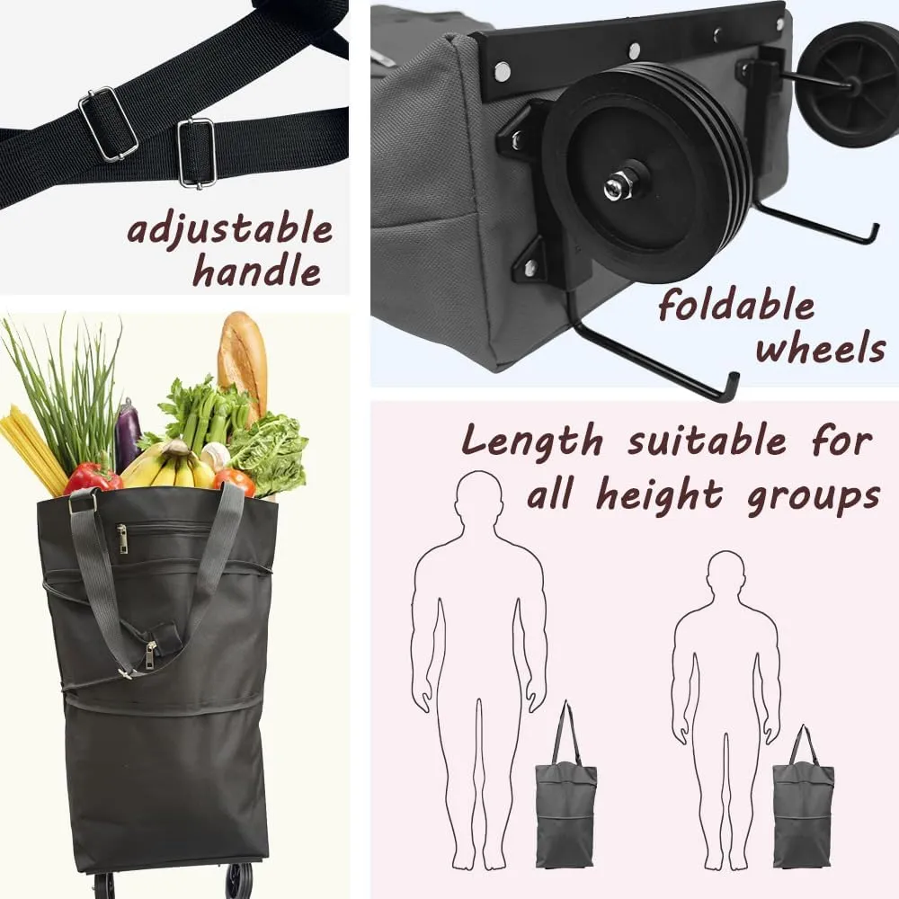 Collapsible Shopping Grocery Bag With Wheels Rolling Tote Bag With Wheels Large Reusable Shopping Bags Foldable Shopping Cart(Black,X-Large)