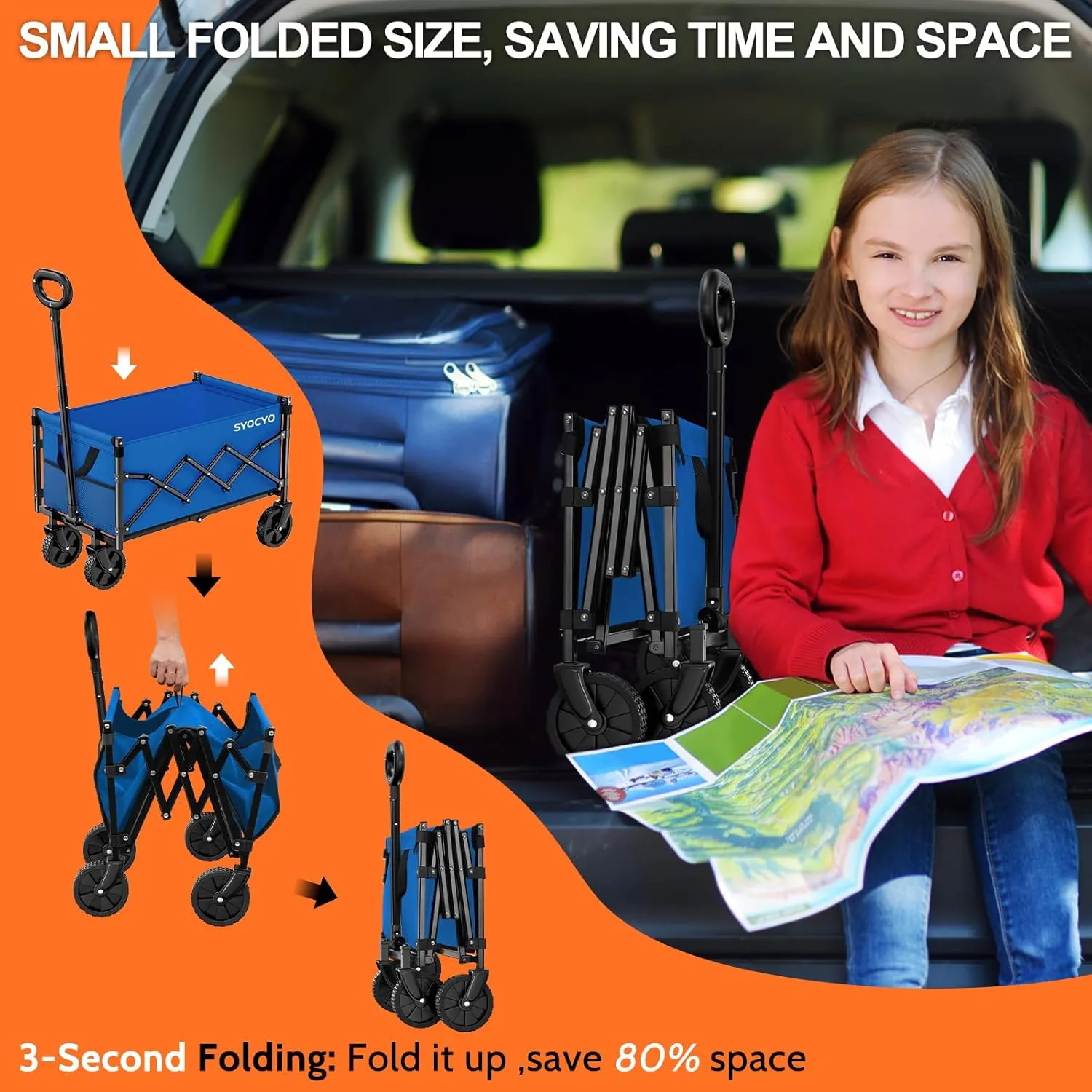 Collapsible Wagon Cart 360lbs Beach Foldable Wagon Lightweight & Portable Folding Utility Grocery Shopping Carts with Wheels for Shopping Sports Garden Camping Blue
