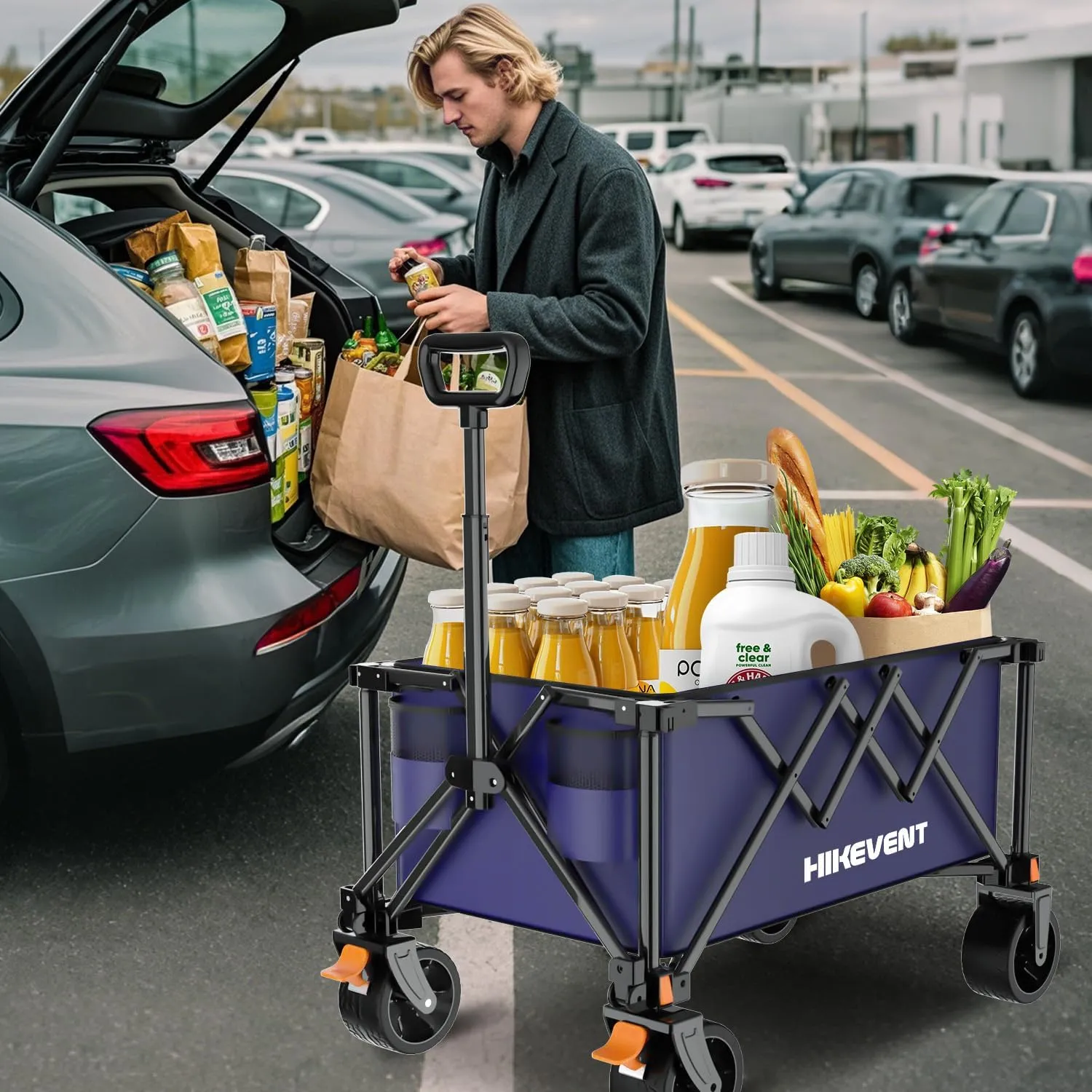 Collapsible Wagon Cart, 360LBS Heavy Duty Foldable Beach Wagon with Wider Wheels, Utility Grocery Shopping Cart for Garden, Camping, Sports, Navy Blue
