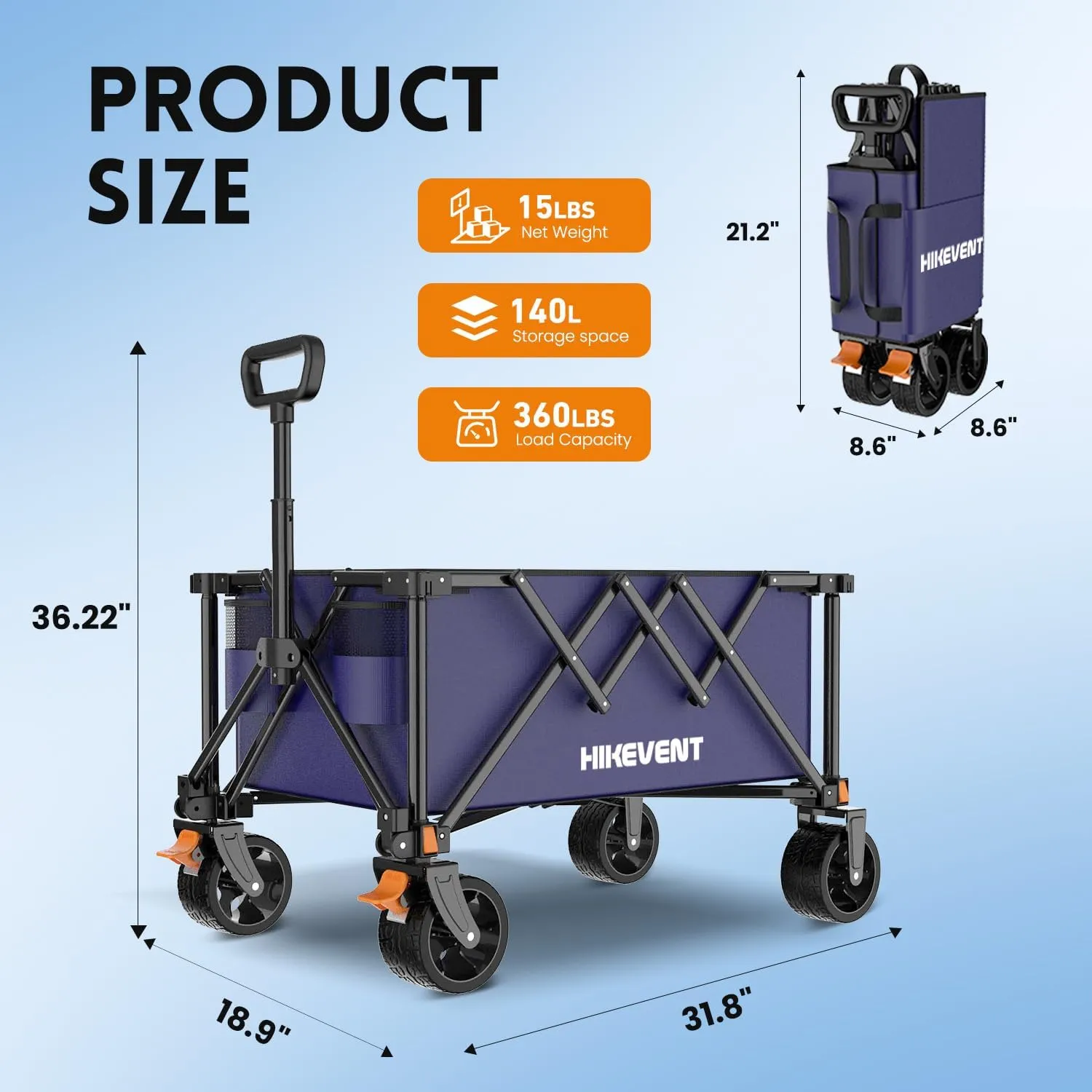 Collapsible Wagon Cart, 360LBS Heavy Duty Foldable Beach Wagon with Wider Wheels, Utility Grocery Shopping Cart for Garden, Camping, Sports, Navy Blue