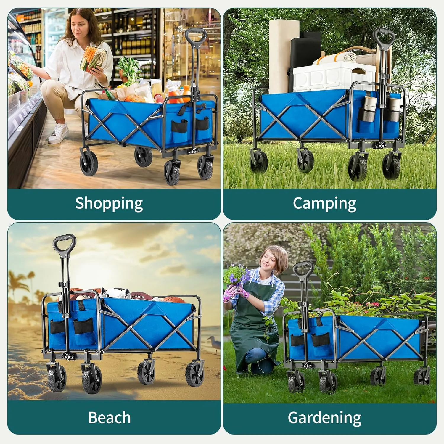 Collapsible Wagon Cart Foldable, 30" L Folding Beach Wagon with All-Terrain Wheels, Shopping Cart with 250lbs Capacity, Portable Camping Wagons Carts for Grocery Garden and Sports, Modern Blue