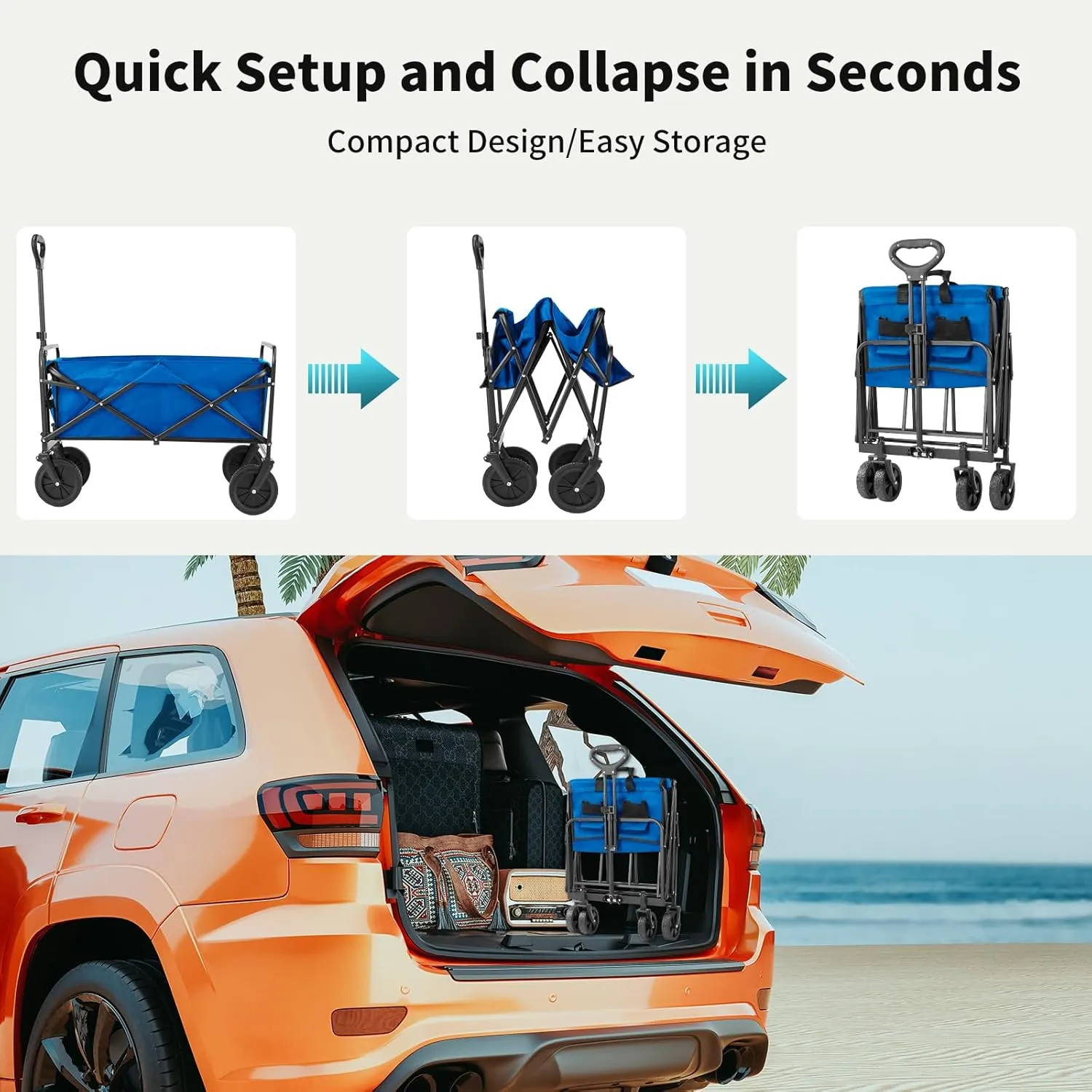 Collapsible Wagon Cart Foldable, 30" L Folding Beach Wagon with All-Terrain Wheels, Shopping Cart with 250lbs Capacity, Portable Camping Wagons Carts for Grocery Garden and Sports, Modern Blue