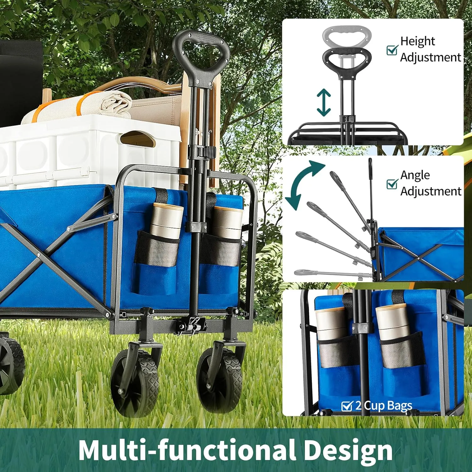 Collapsible Wagon Cart Foldable, 30" L Folding Beach Wagon with All-Terrain Wheels, Shopping Cart with 250lbs Capacity, Portable Camping Wagons Carts for Grocery Garden and Sports, Modern Blue