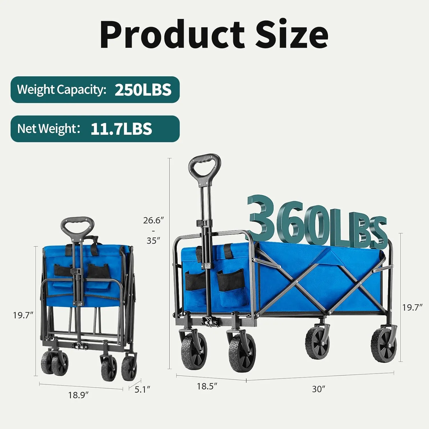 Collapsible Wagon Cart Foldable, 30" L Folding Beach Wagon with All-Terrain Wheels, Shopping Cart with 250lbs Capacity, Portable Camping Wagons Carts for Grocery Garden and Sports, Modern Blue