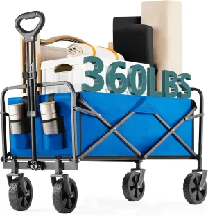 Collapsible Wagon Cart Foldable, 30" L Folding Beach Wagon with All-Terrain Wheels, Shopping Cart with 250lbs Capacity, Portable Camping Wagons Carts for Grocery Garden and Sports, Modern Blue