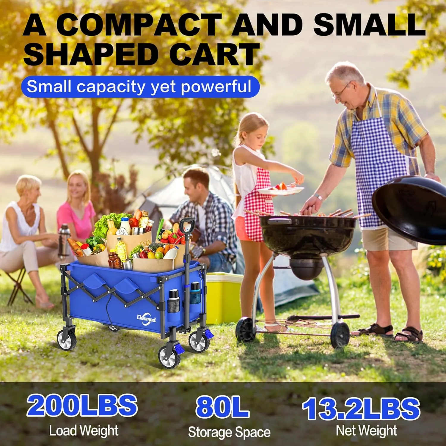 Collapsible Wagon Cart Foldable with 200lbs/80L Weight Capacity, Utility Grocery Shopping Cart with Wheels, Lightweight Portable Folding Wagon with Locking Caster, Blue