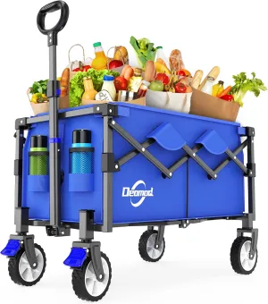 Collapsible Wagon Cart Foldable with 200lbs/80L Weight Capacity, Utility Grocery Shopping Cart with Wheels, Lightweight Portable Folding Wagon with Locking Caster, Blue