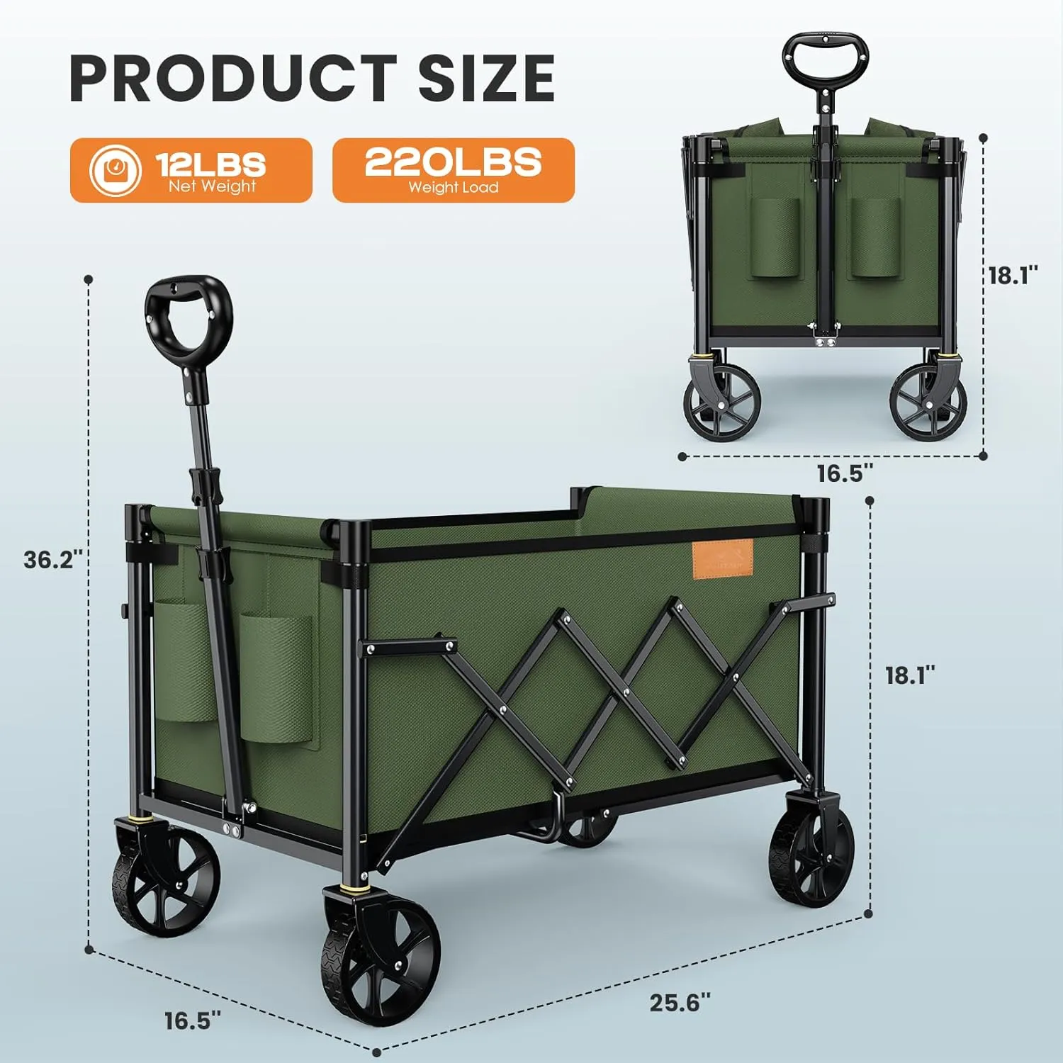 Collapsible Wagon Cart Foldable with 220lbs Weight Capacity, Lightweight Portable Folding Grocery Shopping Cart with Wheels for Camping Sports Beach and Shopping, ArmyGreen