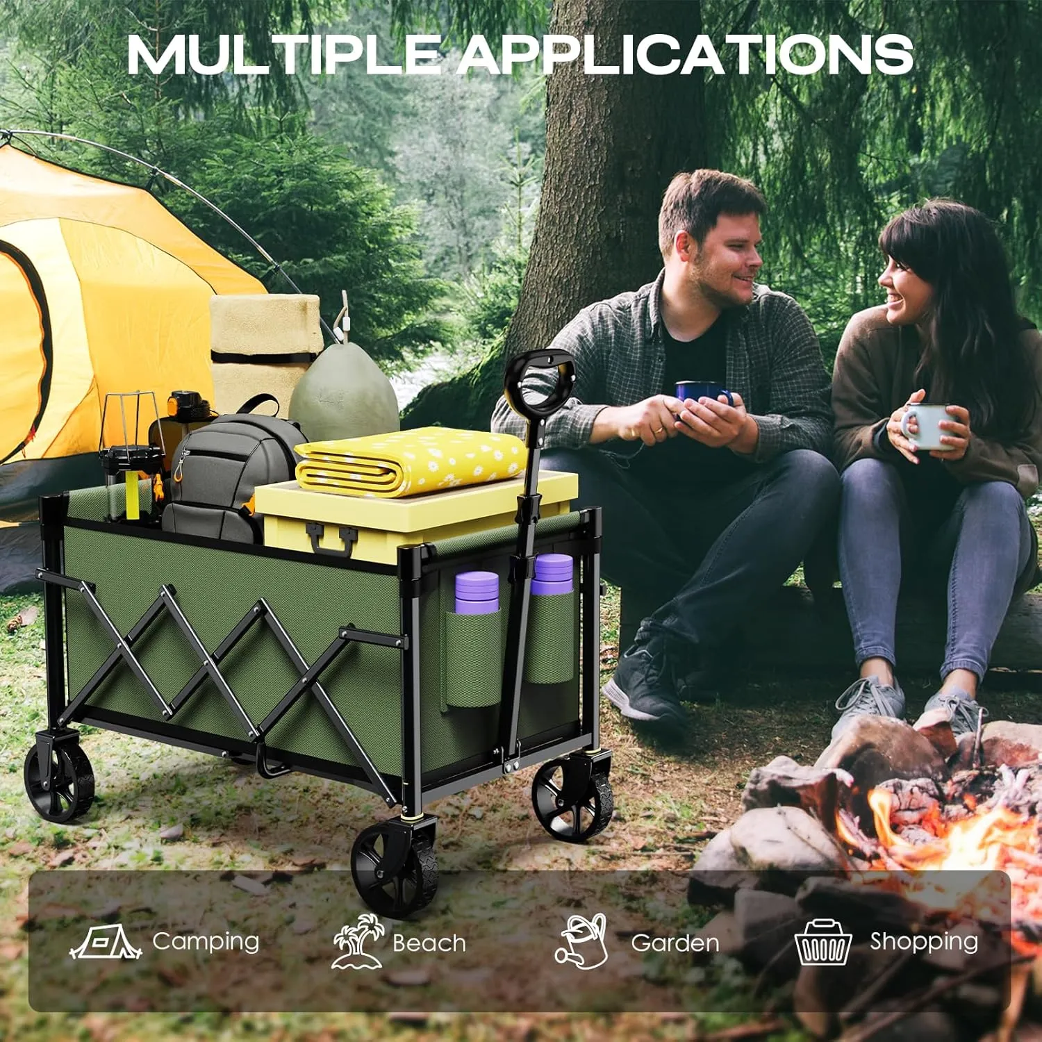 Collapsible Wagon Cart Foldable with 220lbs Weight Capacity, Lightweight Portable Folding Grocery Shopping Cart with Wheels for Camping Sports Beach and Shopping, ArmyGreen