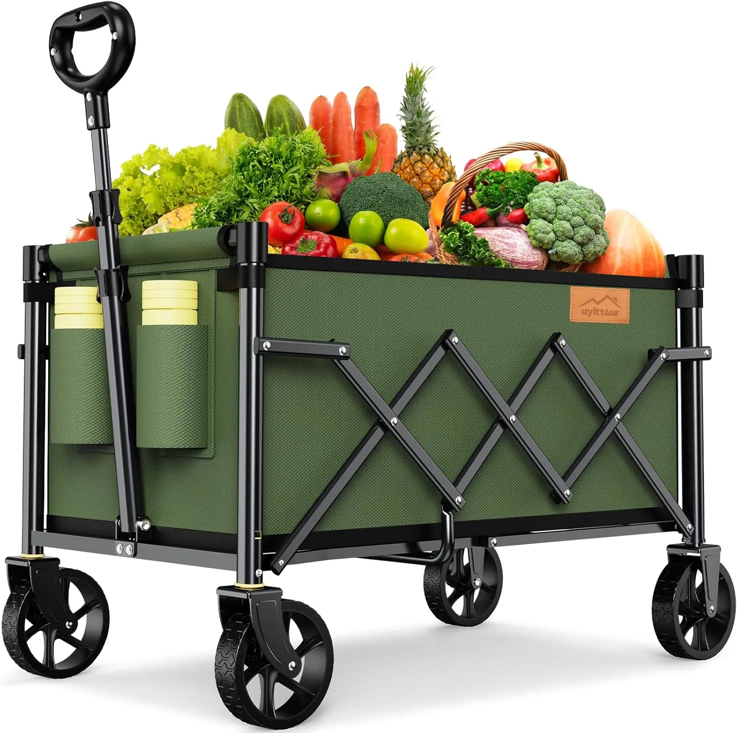Collapsible Wagon Cart Foldable with 220lbs Weight Capacity, Lightweight Portable Folding Grocery Shopping Cart with Wheels for Camping Sports Beach and Shopping, ArmyGreen