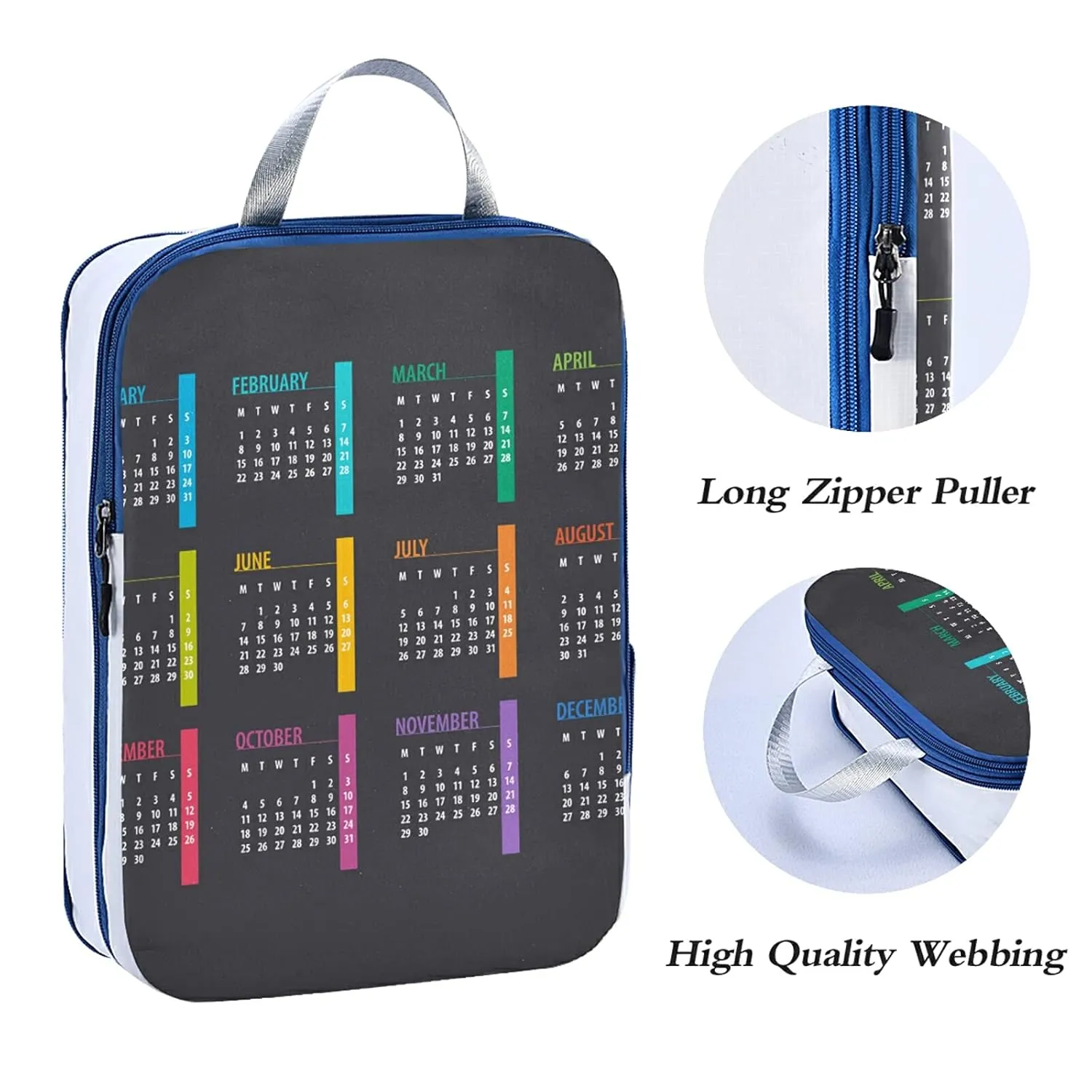Colorful Calendar Template Mock up Week starts on Monday on Dark 3 Set Packing Cubes, Waterproof Check Oxford cloth Organizers, Travel Packing Toiletry Storage Bag