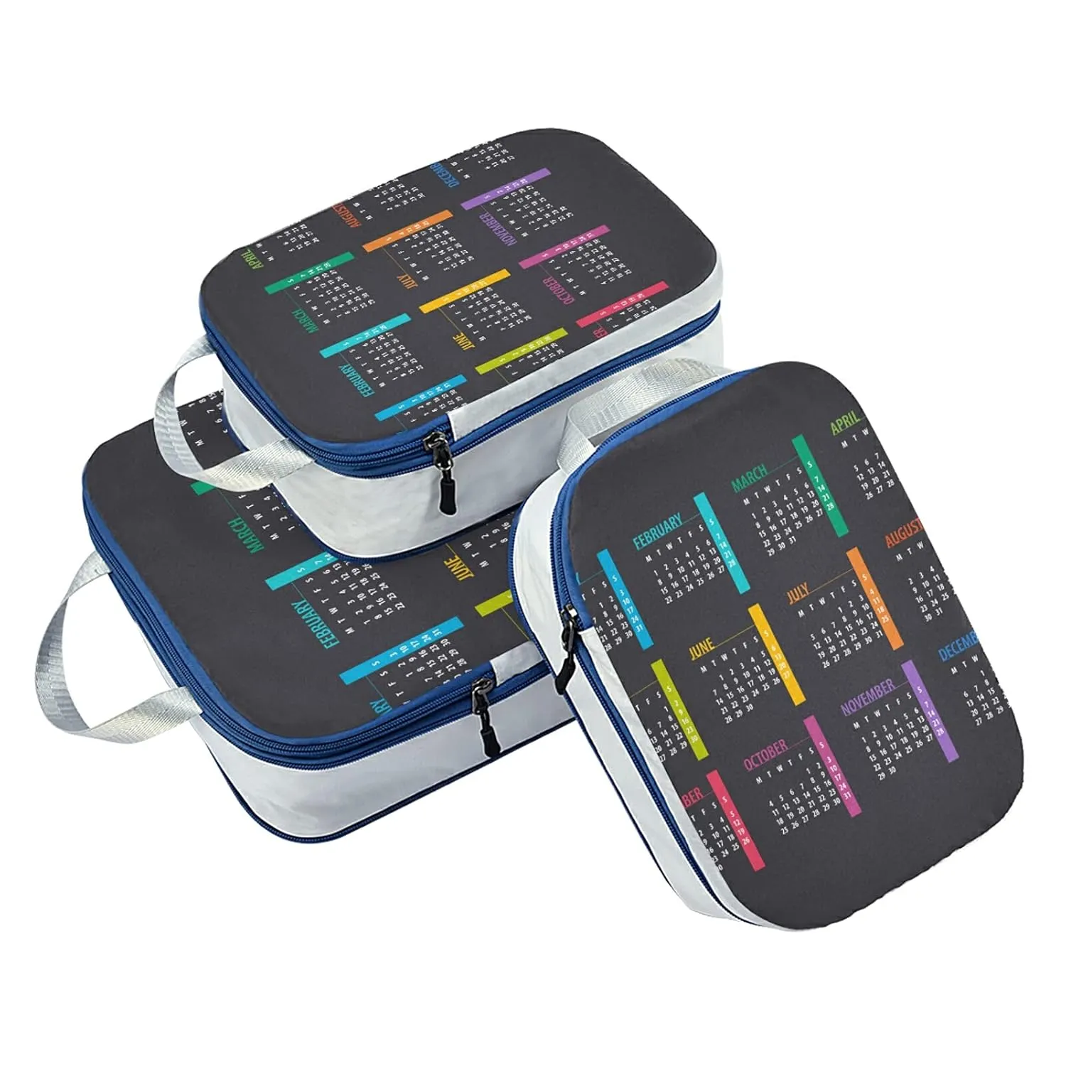 Colorful Calendar Template Mock up Week starts on Monday on Dark 3 Set Packing Cubes, Waterproof Check Oxford cloth Organizers, Travel Packing Toiletry Storage Bag
