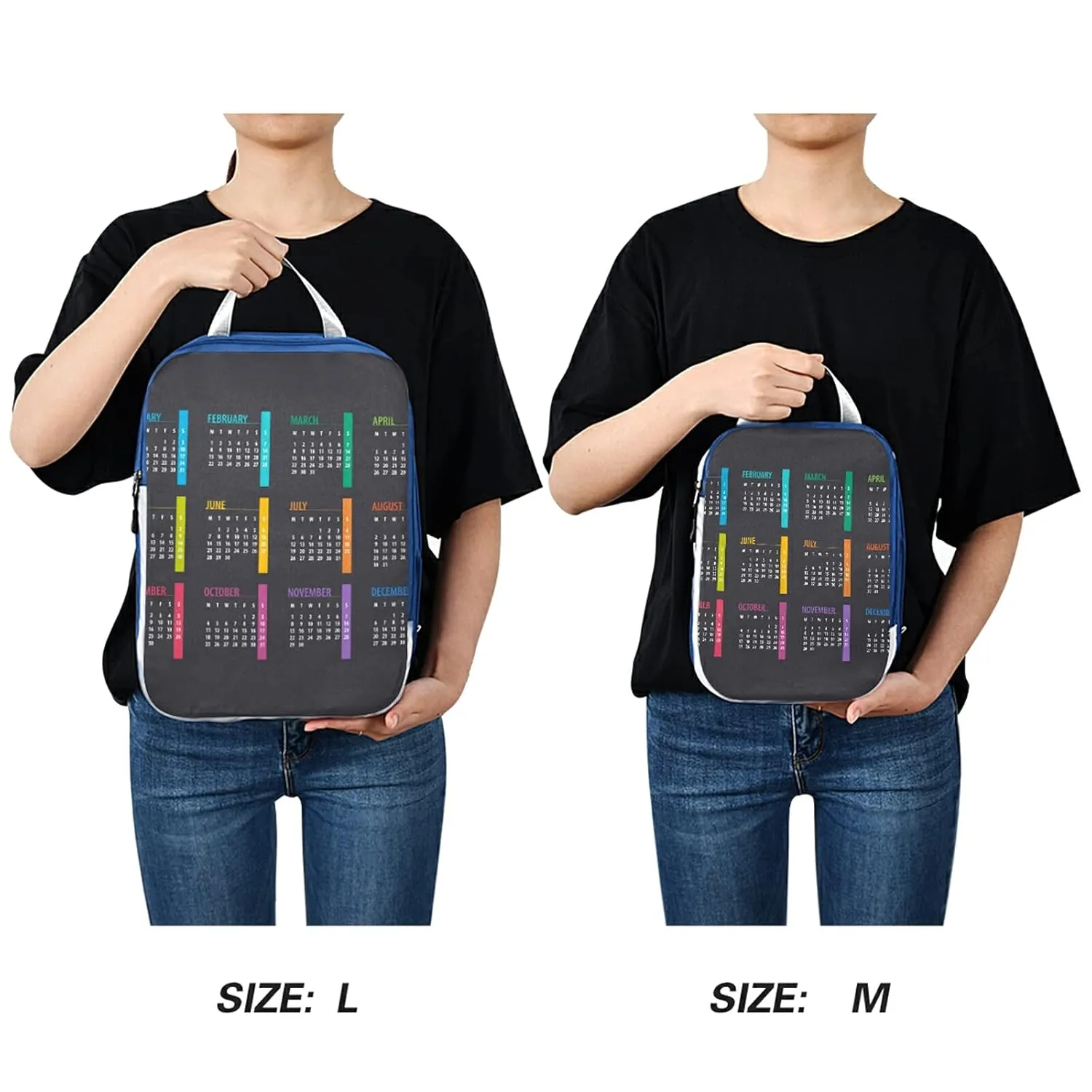 Colorful Calendar Template Mock up Week starts on Monday on Dark 3 Set Packing Cubes, Waterproof Check Oxford cloth Organizers, Travel Packing Toiletry Storage Bag