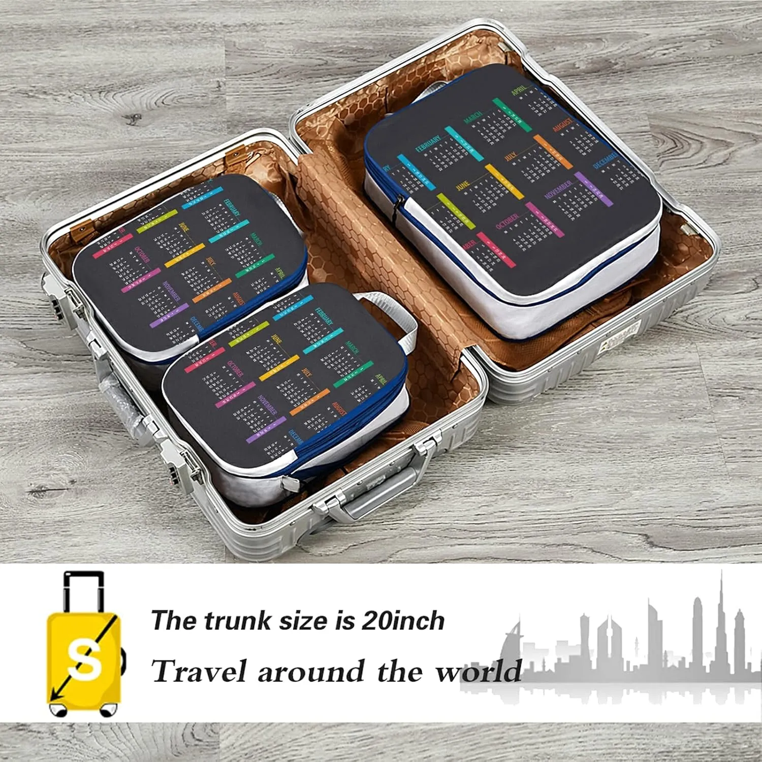 Colorful Calendar Template Mock up Week starts on Monday on Dark 3 Set Packing Cubes, Waterproof Check Oxford cloth Organizers, Travel Packing Toiletry Storage Bag