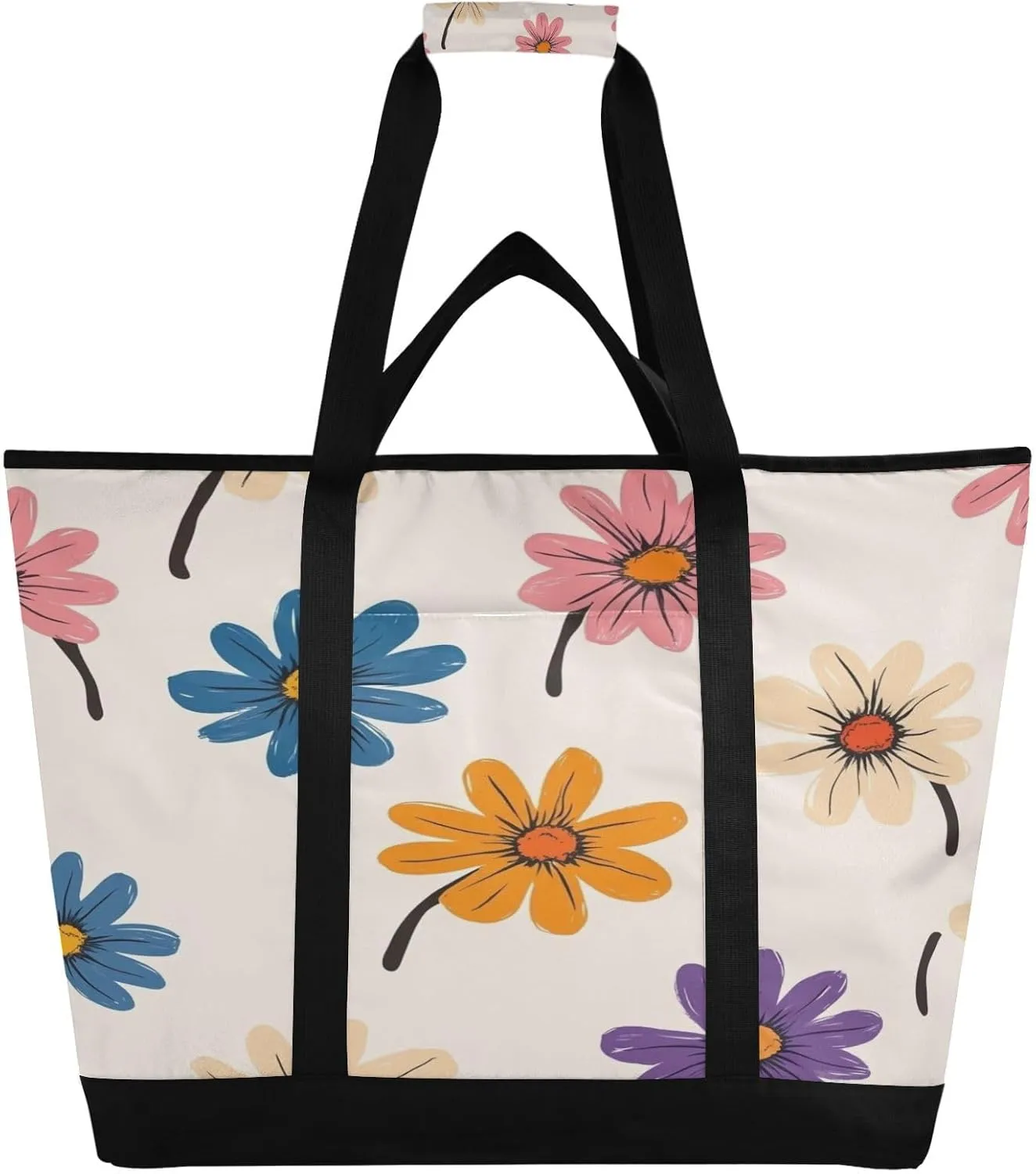Colorful Flowers Reusable Insulated Lunchbox Cooler Bag, Leakproof Kitchen Grocery Bag Collapsible Portable Cooler Tote Bag for Picnic, Camping, Office, Travel