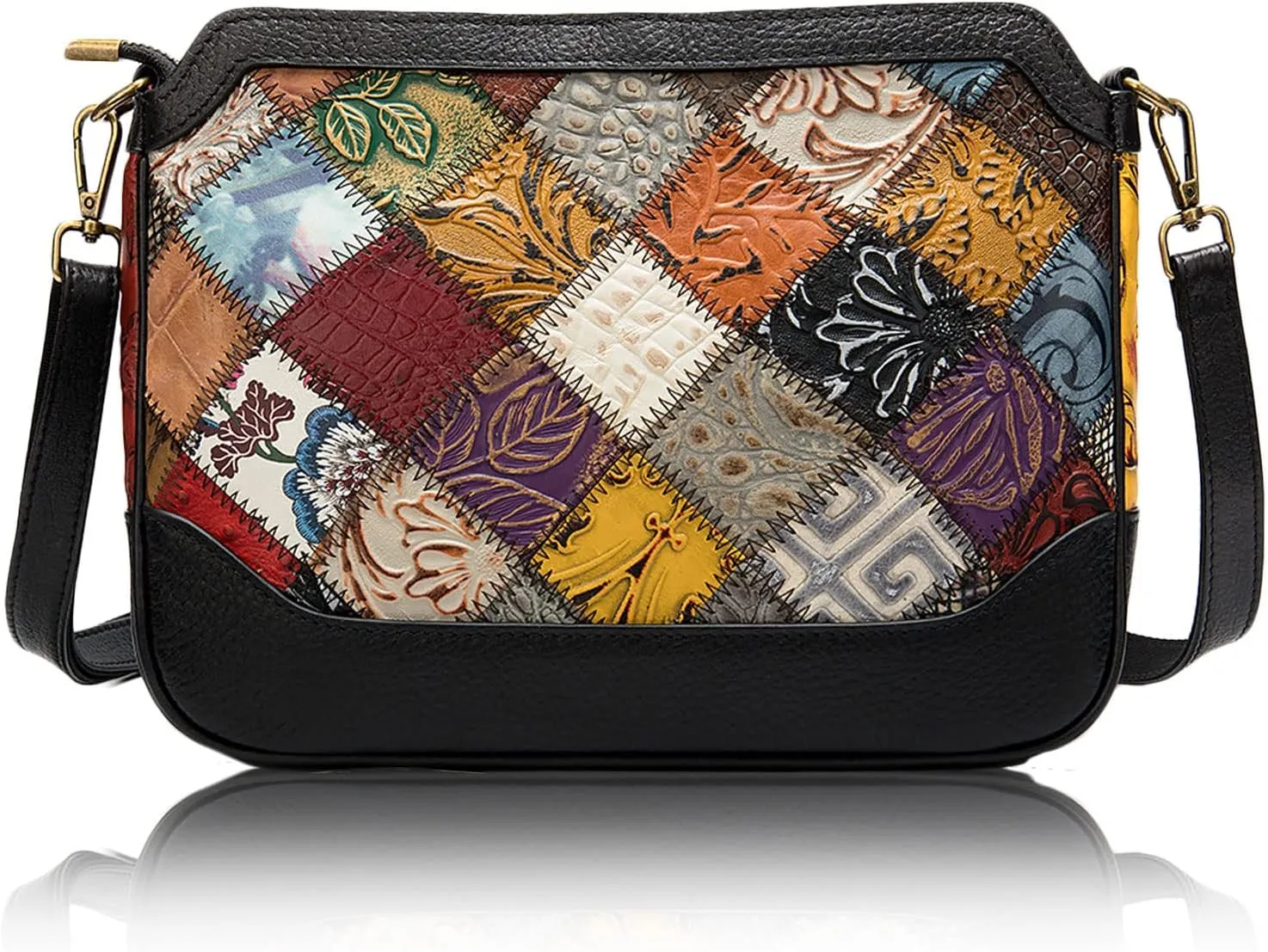 Colorful Genuine Leather Shoulder Bag for Women, Ladies Medium Crossbody Bag, Stylish Handbag with Patchwork Design