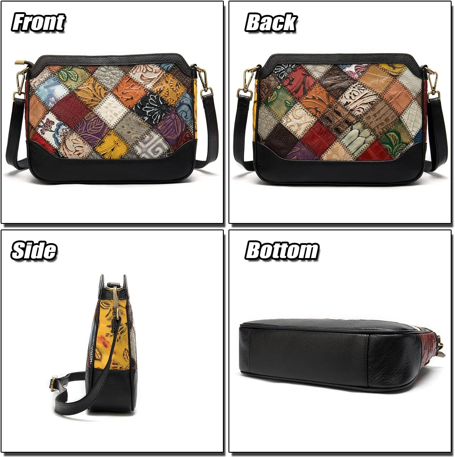 Colorful Genuine Leather Shoulder Bag for Women, Ladies Medium Crossbody Bag, Stylish Handbag with Patchwork Design