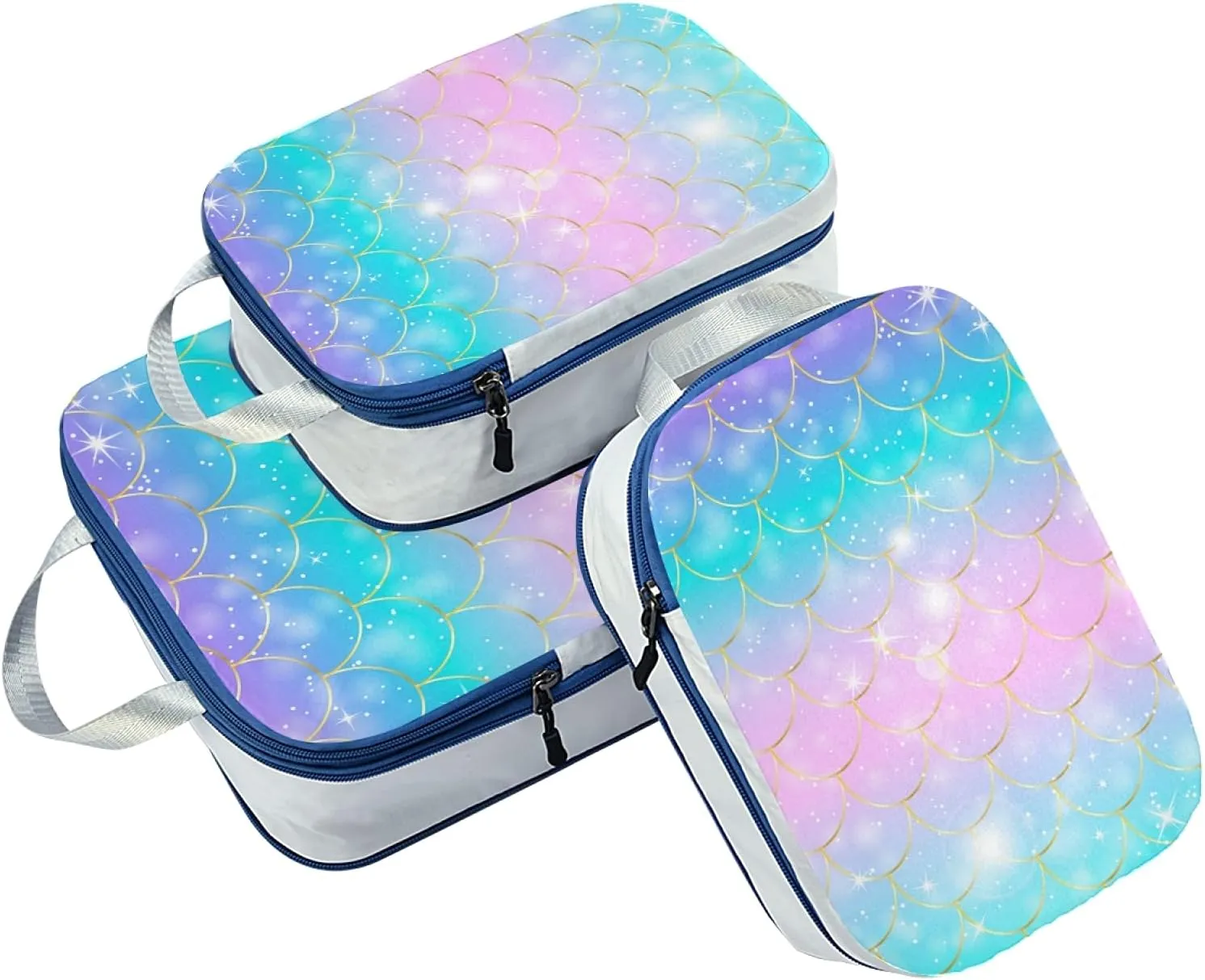 Colorful Mermaid Tail Scales Glitter Squama Scale 3 Set Packing Cubes, Travel Packing Organizers, Waterproof Check Oxford cloth Toiletry Storage Bag