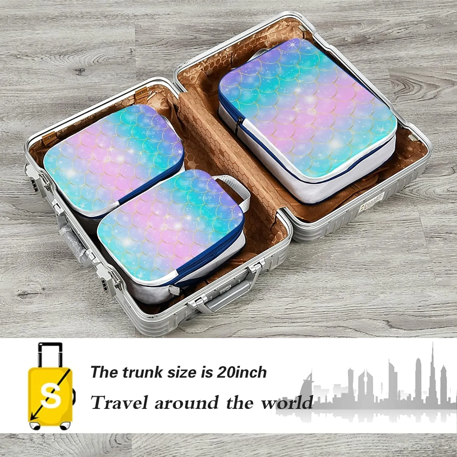 Colorful Mermaid Tail Scales Glitter Squama Scale 3 Set Packing Cubes, Travel Packing Organizers, Waterproof Check Oxford cloth Toiletry Storage Bag