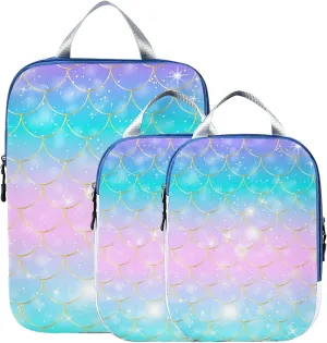 Colorful Mermaid Tail Scales Glitter Squama Scale 3 Set Packing Cubes, Travel Packing Organizers, Waterproof Check Oxford cloth Toiletry Storage Bag