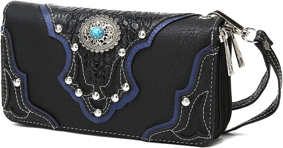Conchos Studded Crocodile Laser Cut Cowgirl Western Purse Women Wristlet Wallet