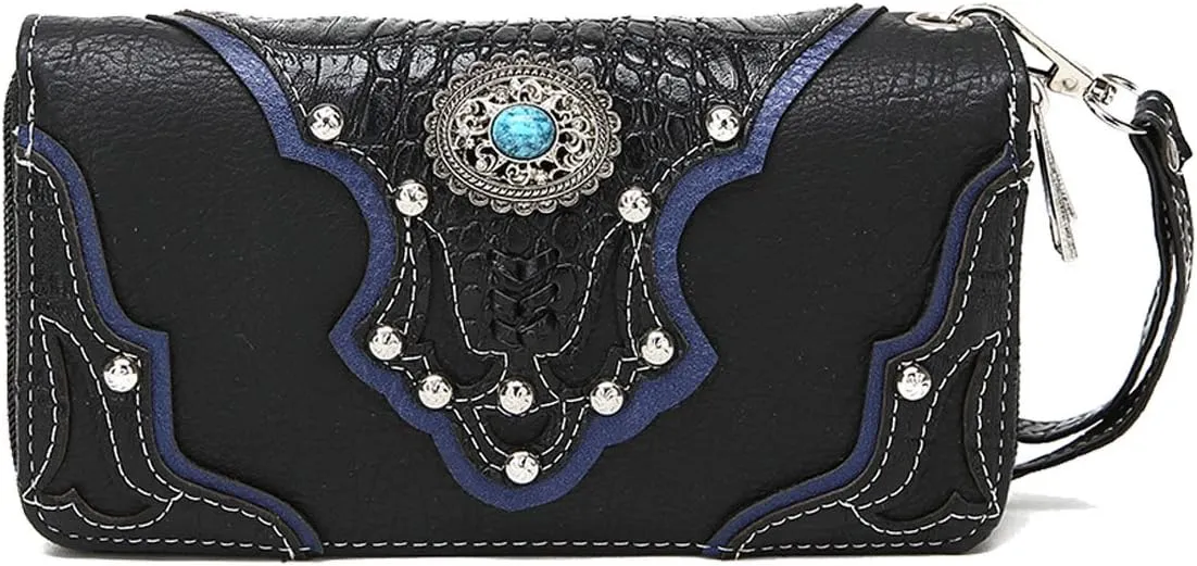 Conchos Studded Crocodile Laser Cut Cowgirl Western Purse Women Wristlet Wallet