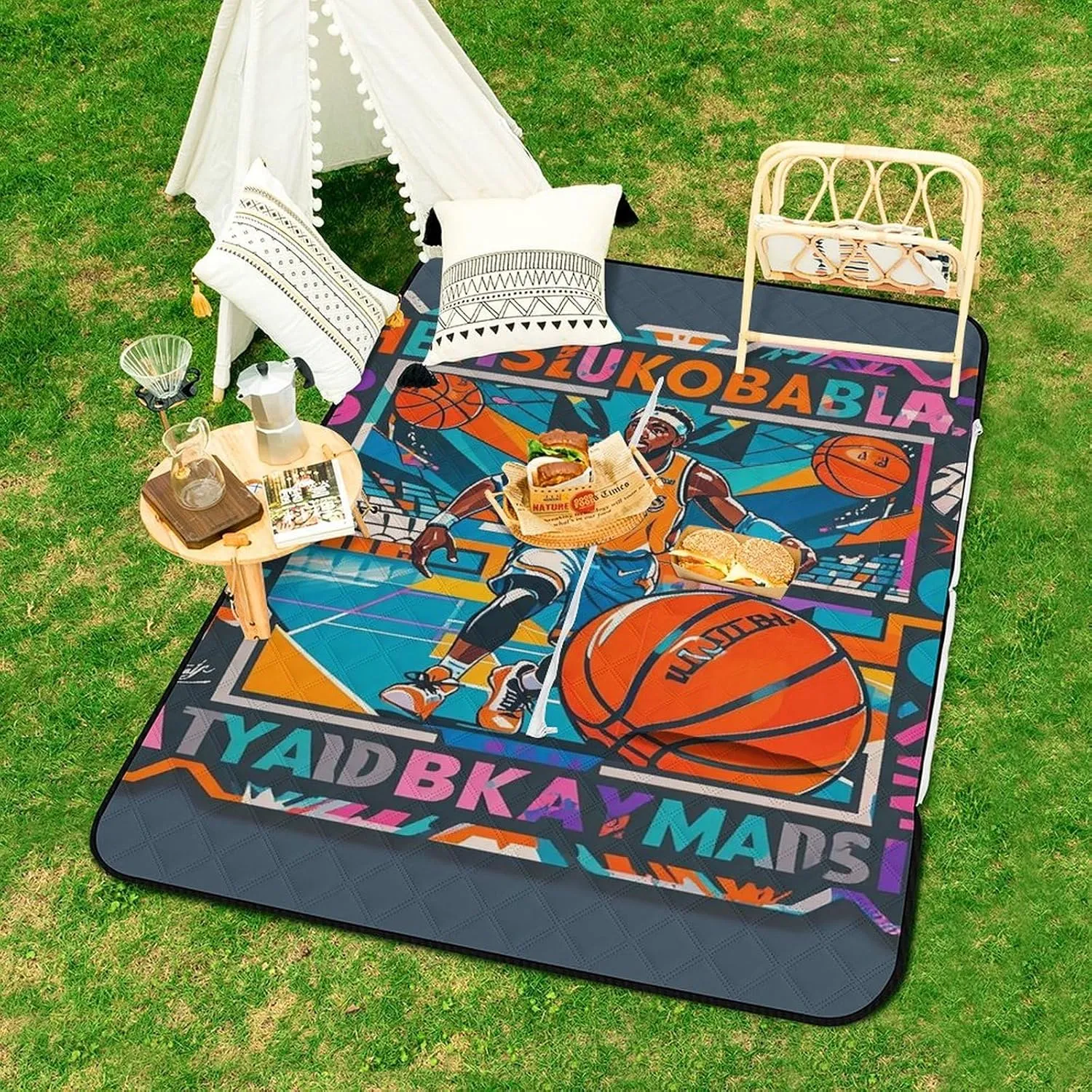 Cool Basketball Theme Picnic Blanket Zipper Style Waterproof Foldable Outdoor,Picnic Mat Foldable As A Shopping Bag for Ladies, Portable Outdoor Blanket for Camping