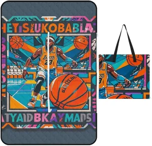 Cool Basketball Theme Picnic Blanket Zipper Style Waterproof Foldable Outdoor,Picnic Mat Foldable As A Shopping Bag for Ladies, Portable Outdoor Blanket for Camping